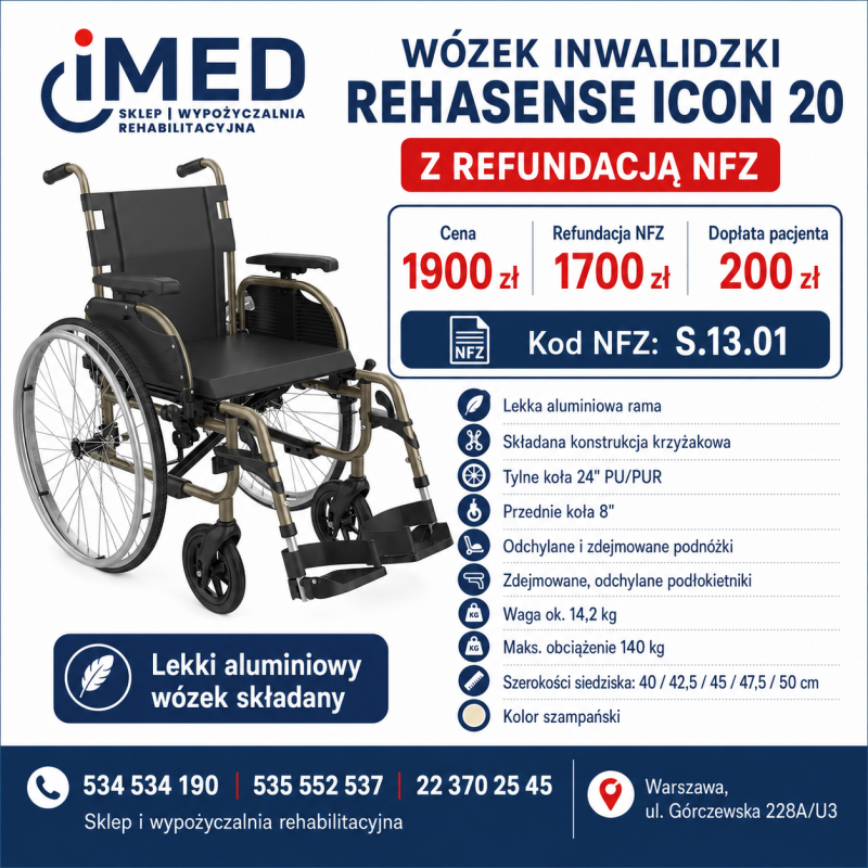 WÓZEK INWALIDZKI REHASENSE ICON 20 NFZ – wynajem